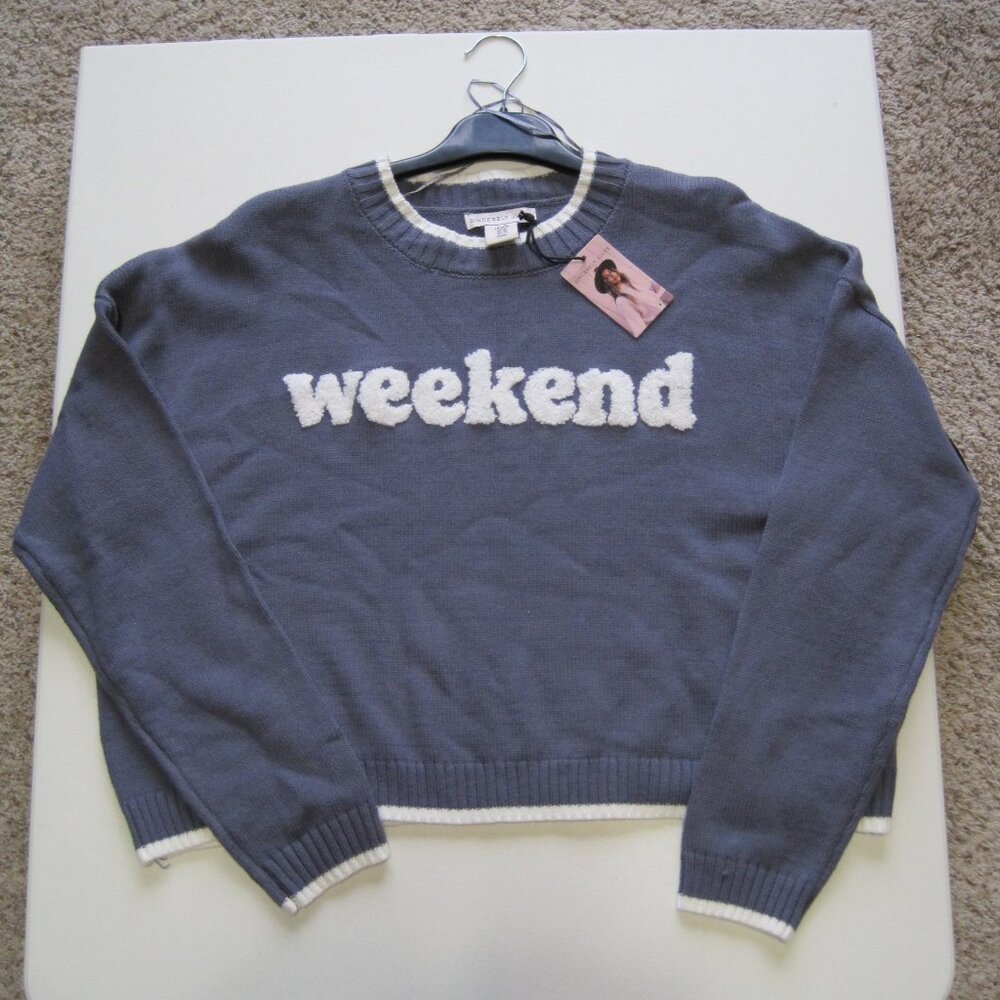 NWT Sincerely Jules Blue 'Weekend' Crew Neck Sweater - Picture 7 of 7